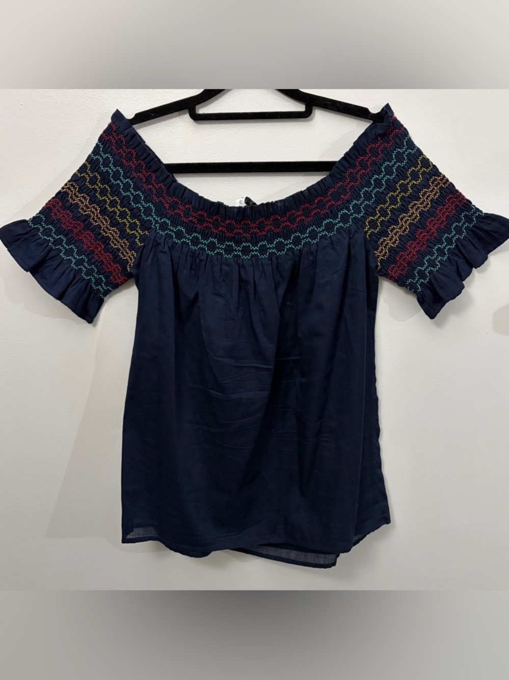 Trina Turk Off-Shoulder Navy Smocked Top with Multicolor Stitching - Picture 4 of 9
